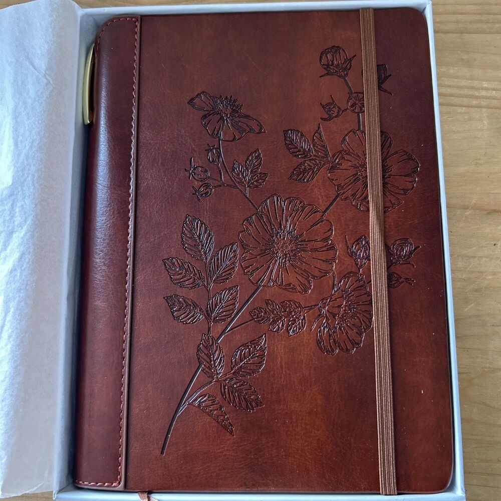 SETTINI® Lined Journal NIP Vegan Leather Flower Embossed Diary w Pen Gift Set